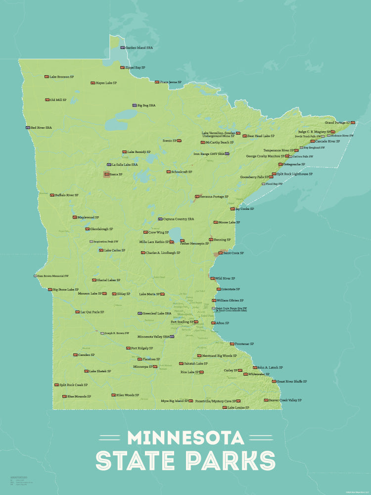 Minnesota State Parks Map Checklist Poster - green & aqua