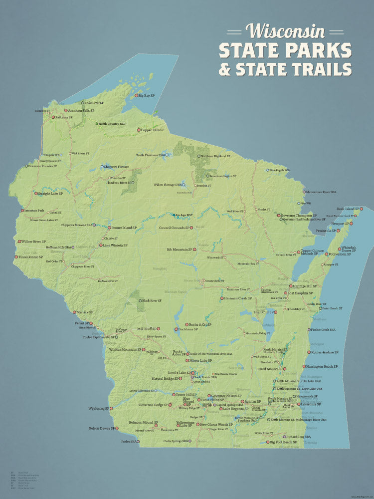 Wisconsin State Parks & State Trails Map Poster - natural earth