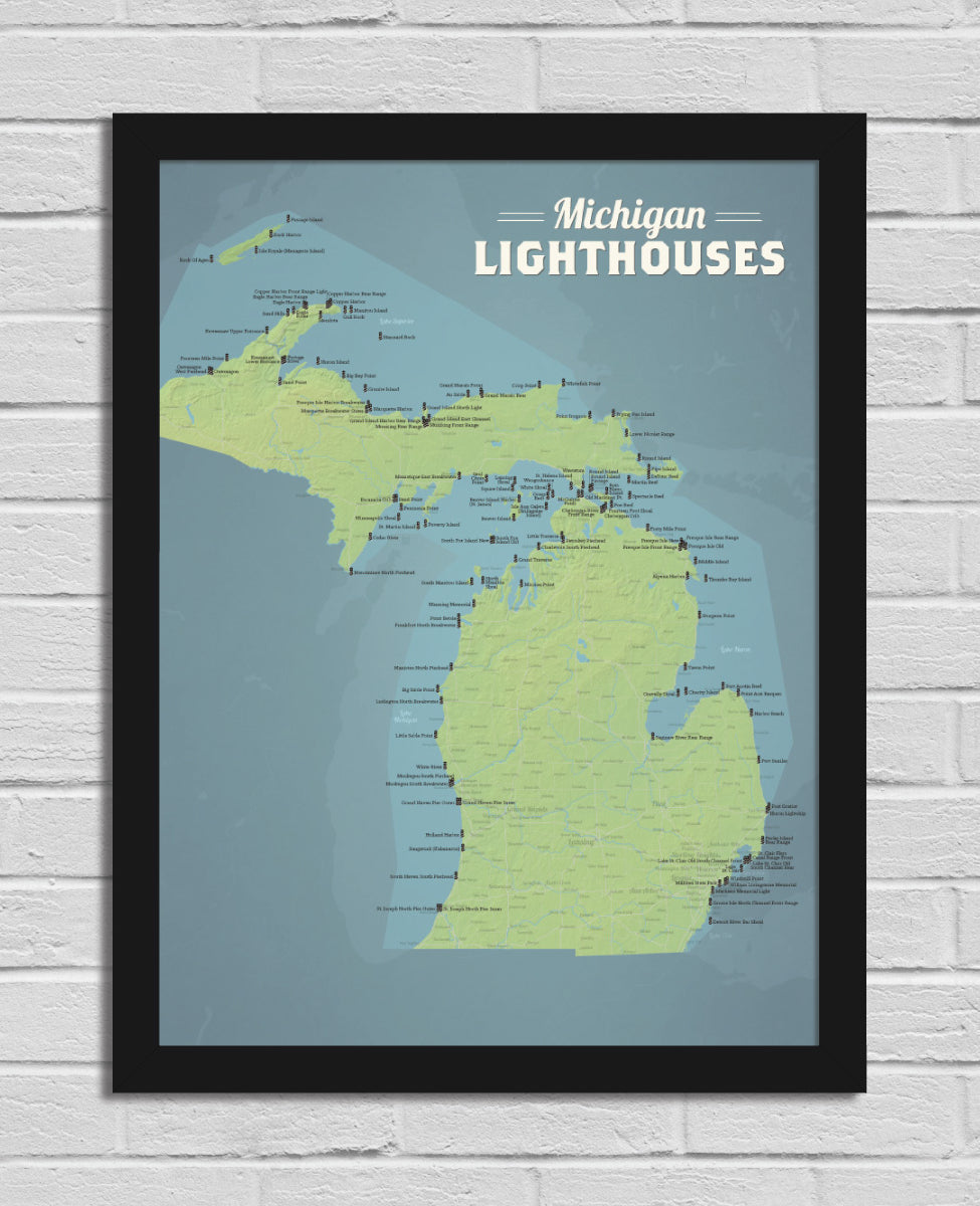 michigan lighthouses checklist map poster