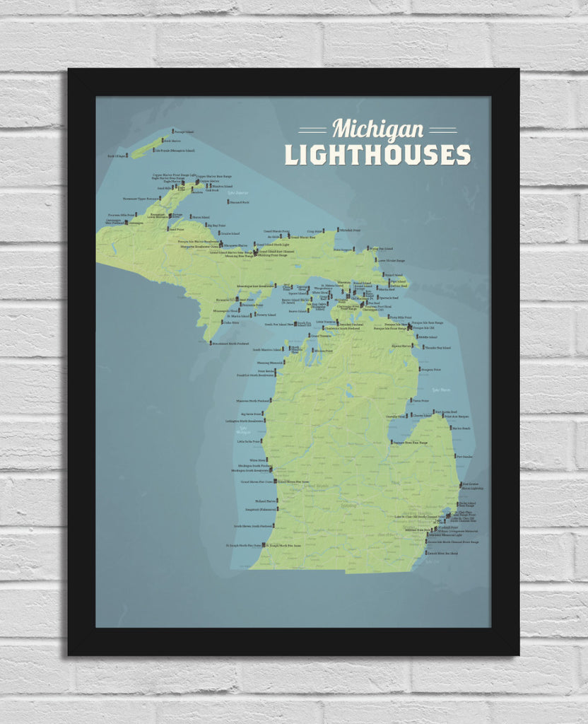 Michigan Lighthouses Map 18x24 Poster