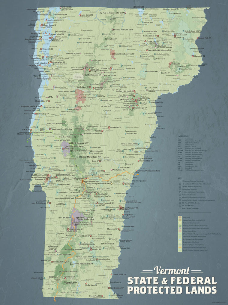 Vermont State Parks & Federal Public Protected Lands Map Poster - sage & slate blue