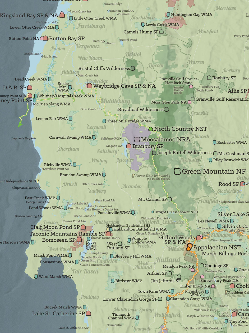 Vermont State Parks & Federal Public Protected Lands Map Poster - sage & slate blue
