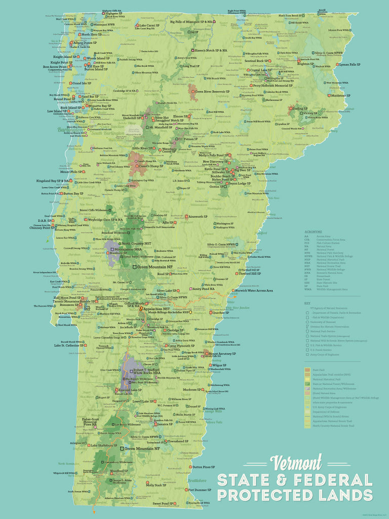 Vermont State Parks & Federal Public Protected Lands Map Poster - green & aqua