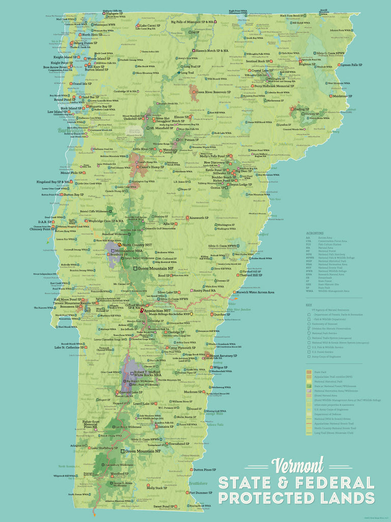 Vermont State Parks & Federal Public Protected Lands Map Poster - green & aqua