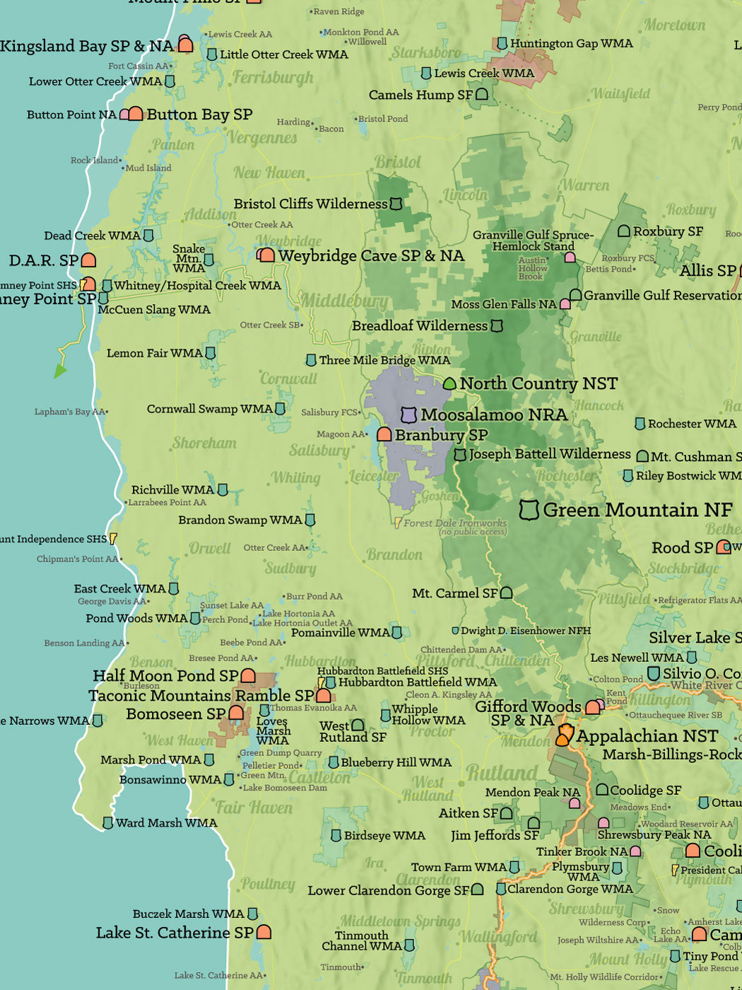 Vermont State Parks & Federal Public Protected Lands Map Poster - green & aqua