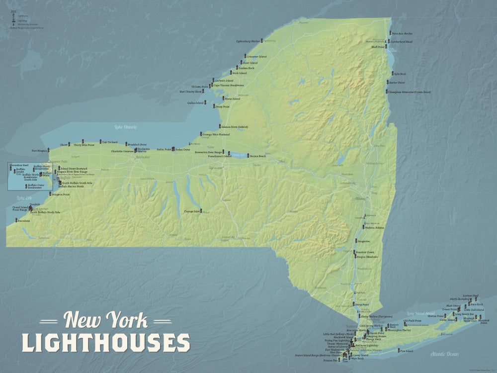 New York Lighthouses Map Checklist Poster - natural earth