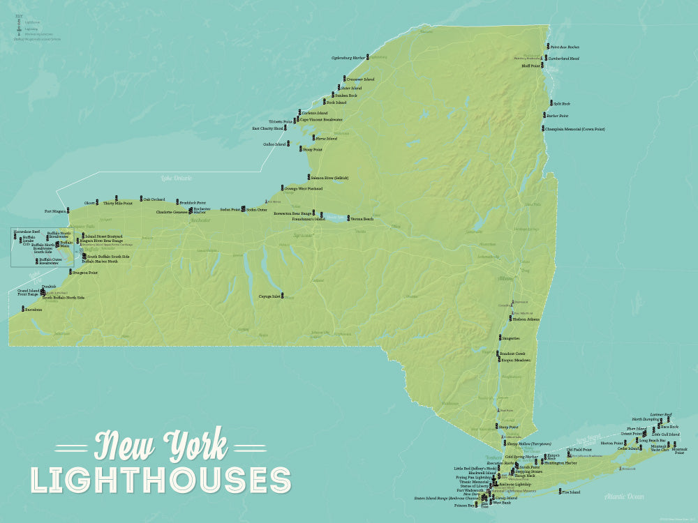 New York Lighthouses Map Checklist Poster - green & aqua