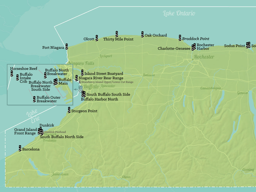 New York Lighthouses Map Checklist Poster - green & aqua