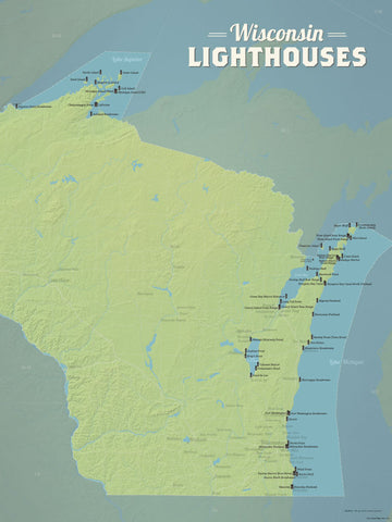 wisconsin lighthouses checklist map poster