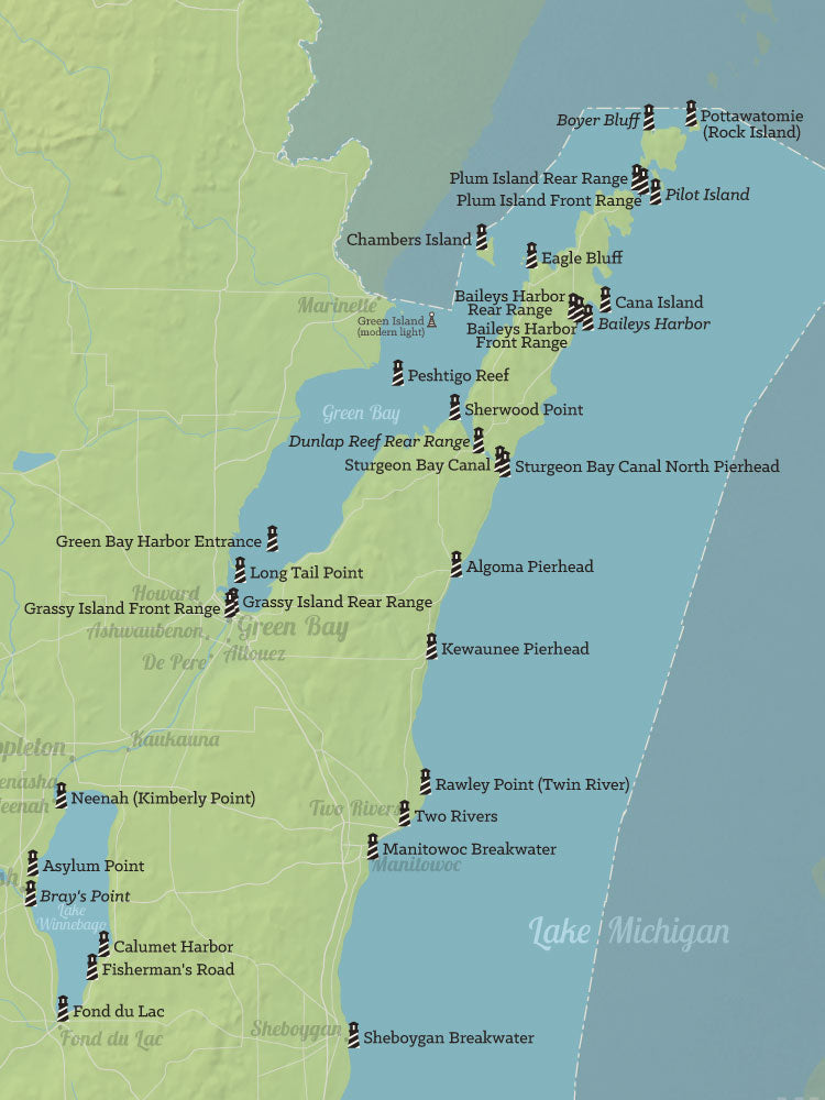 Wisconsin Lighthouses Map Checklist Poster - natural earth