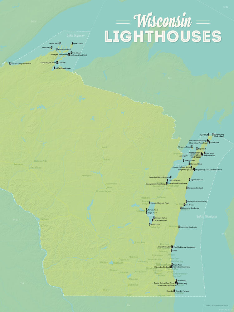 Wisconsin Lighthouses Map 18x24 Poster