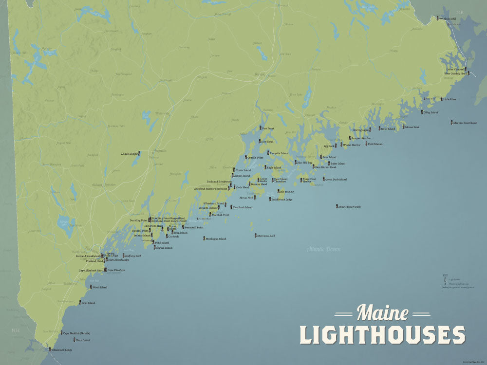 Maine Lighthouses Map Checklist Poster - natural earth