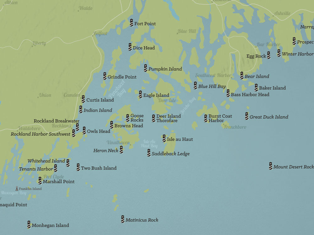 Maine Lighthouses Map Checklist Poster - natural earth