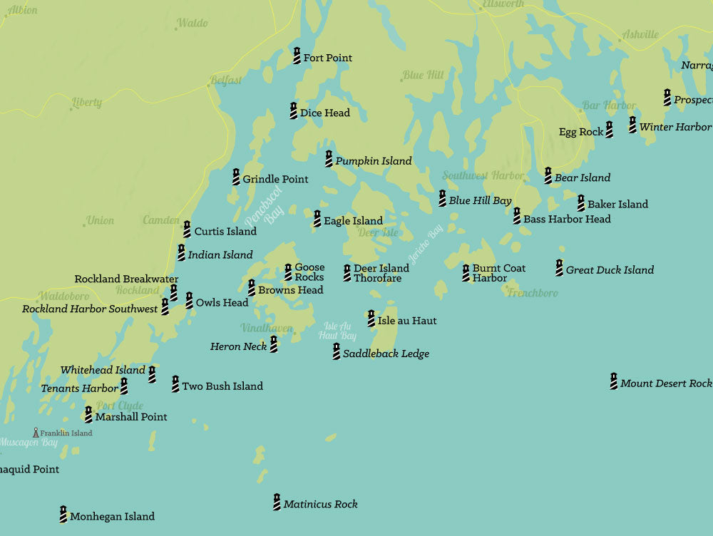 Maine Lighthouses Map Checklist Poster - green & aqua