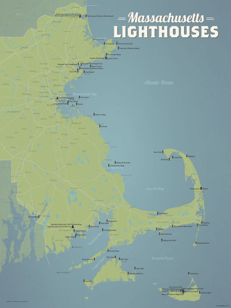 Massachusetts Lighthouses Map Checklist Poster - natural earth