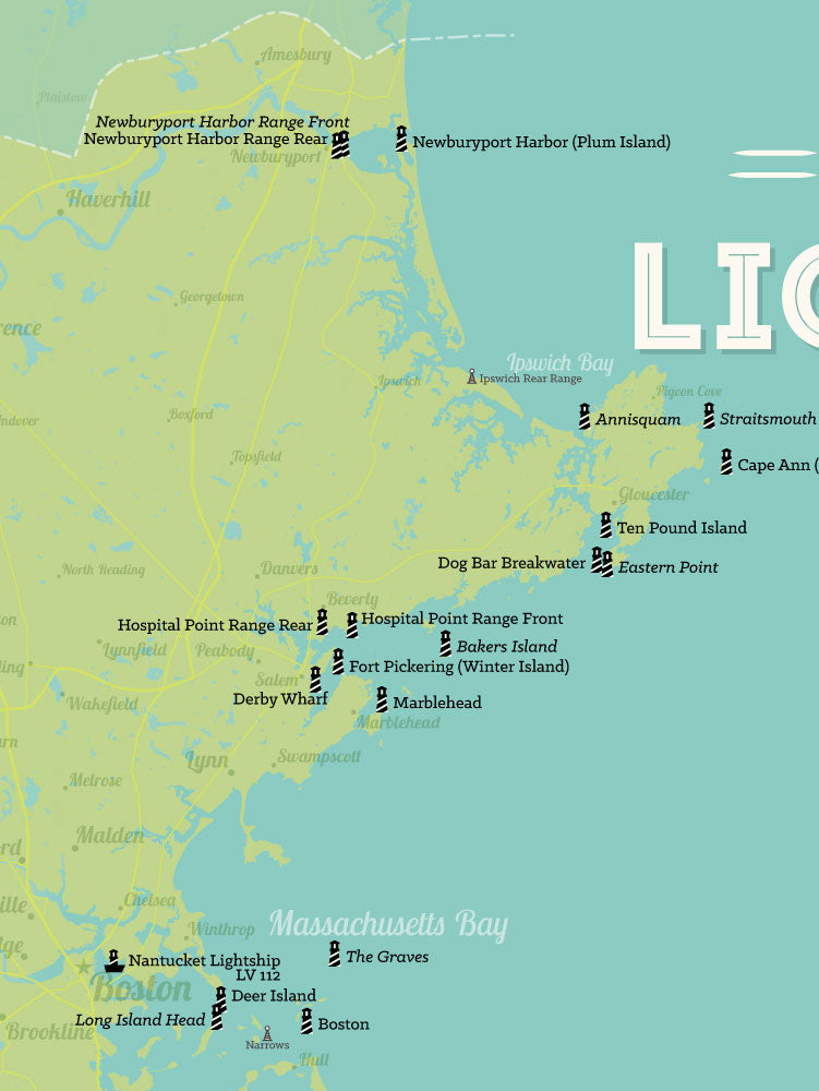 Massachusetts Lighthouses Map Checklist Poster - green @ aqua