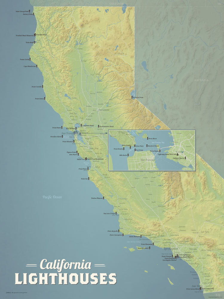 California Lighthouses Map Checklist Poster - natural earth