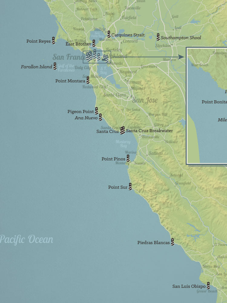 California Lighthouses Map Checklist Poster - natural earth