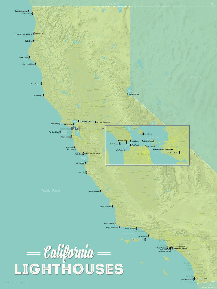 California Lighthouses Map Checklist Poster - green & aqua