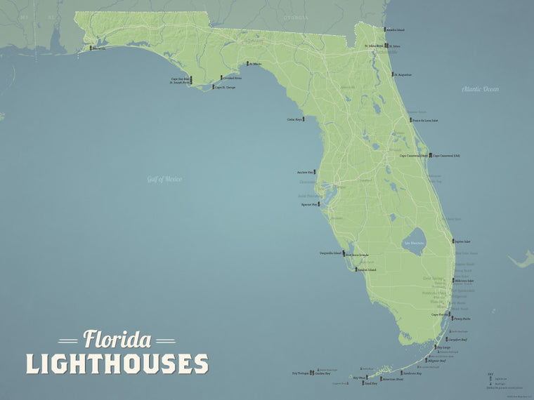 Florida Lighthouses Map Checklist Poster - natural earth