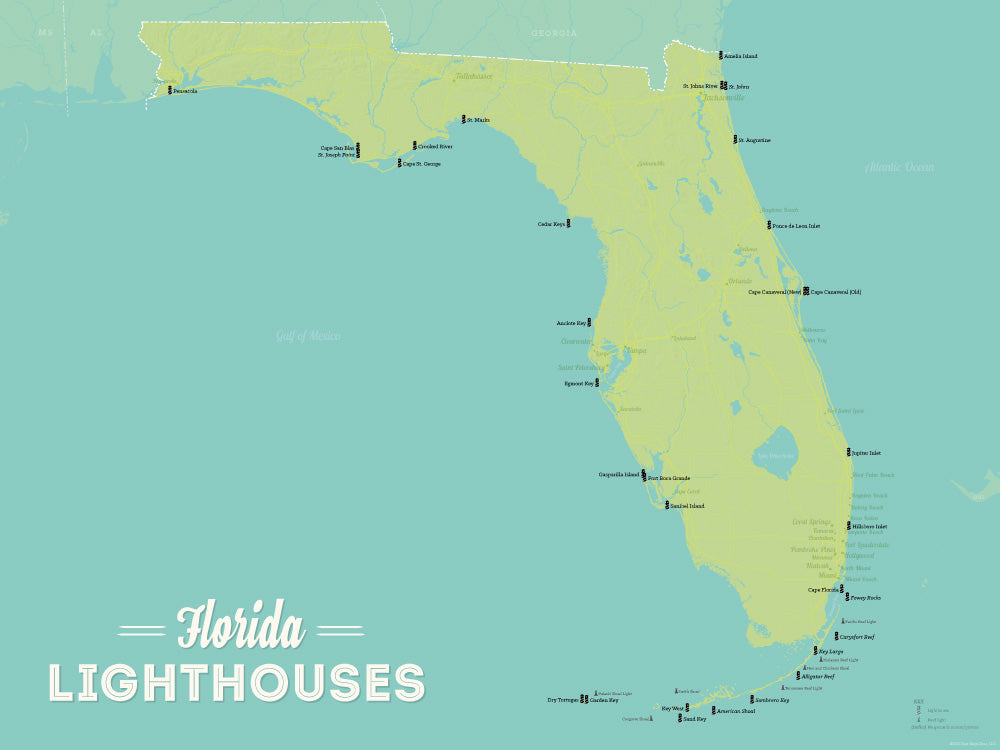 Florida Lighthouses Map Checklist Poster - green & aqua