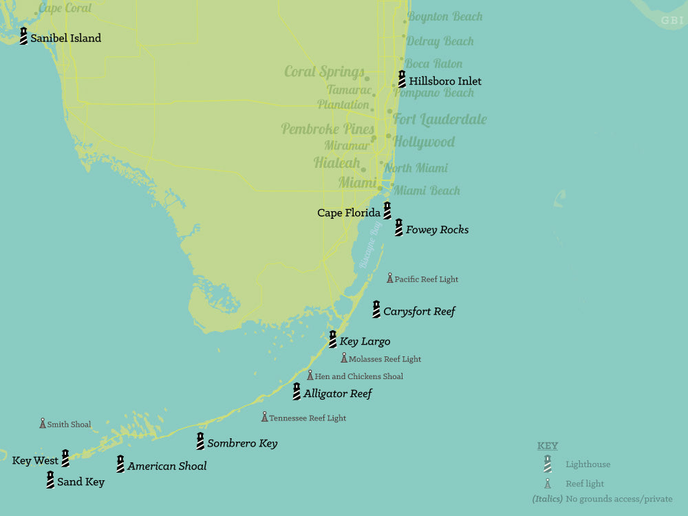 Florida Lighthouses Map Checklist Poster - green & aqua
