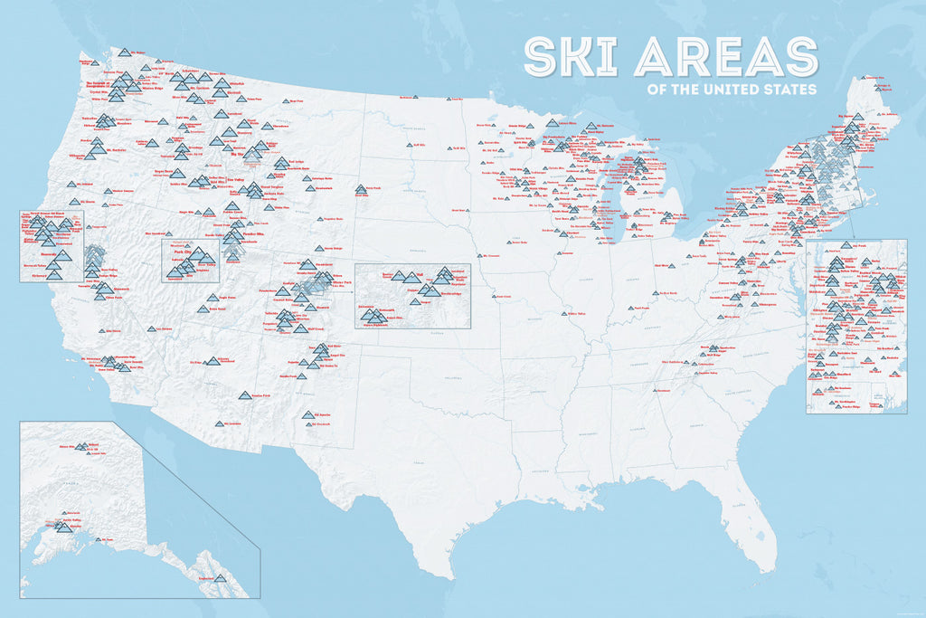 USA Ski Areas Resorts Map Poster - white & light blue