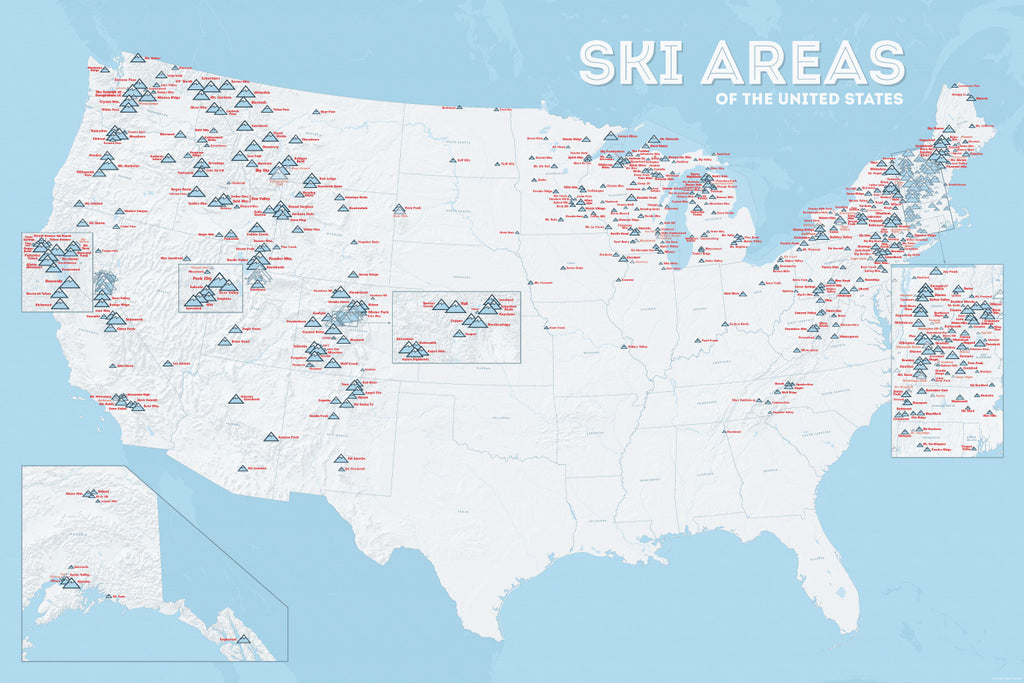 USA Ski Areas Resorts Map Poster - white & light blue