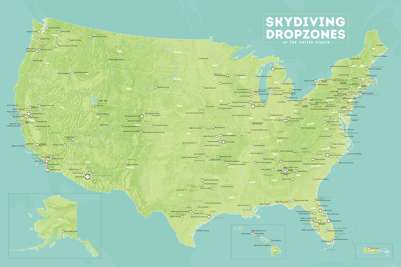 USA Skydiving Dropzones Map Poster - green & aqua