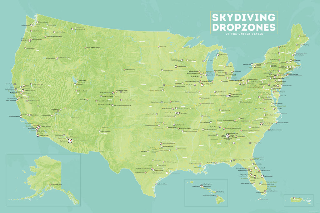 USA Skydiving Dropzones Map Poster - green & aqua