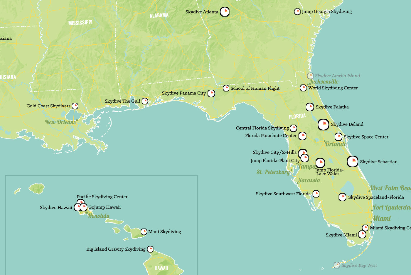 USA Skydiving Dropzones Map Poster - green & aqua
