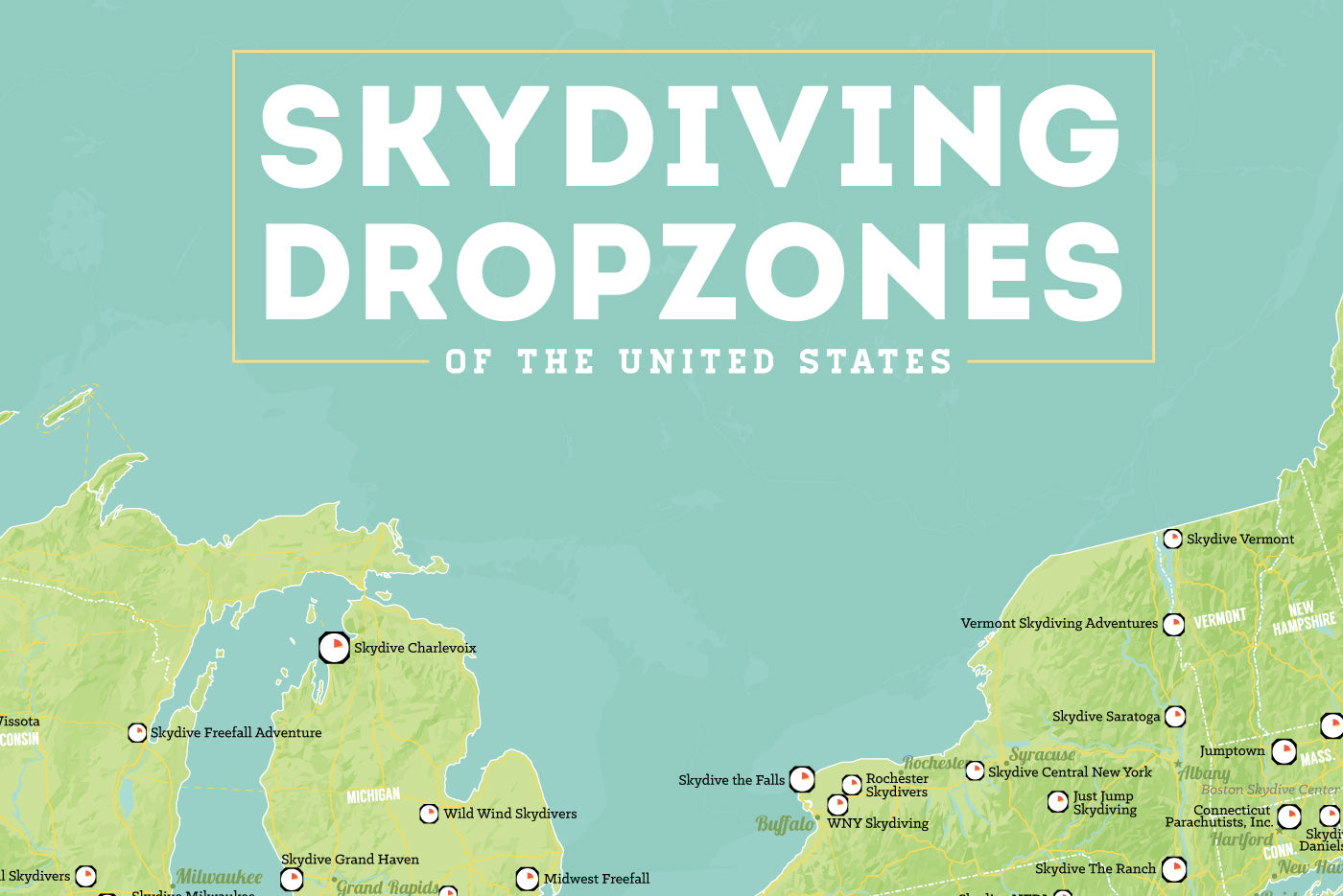 USA Skydiving Dropzones Map Poster - green & aqua