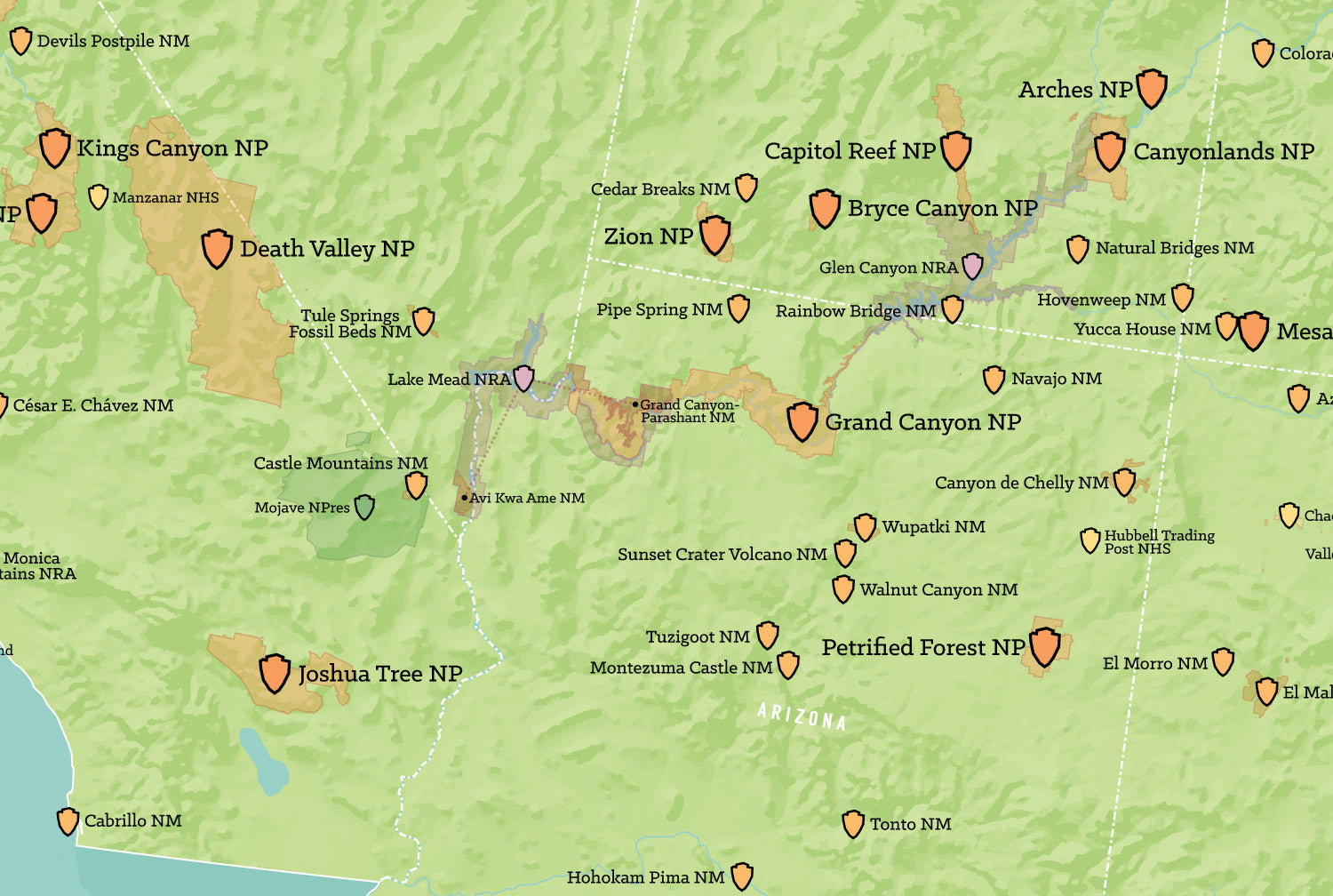 USA National Park System Units Map Poster - green & aqua