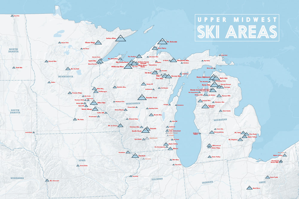 Upper Midwest Ski Areas Resorts Map Poster - white & light blue