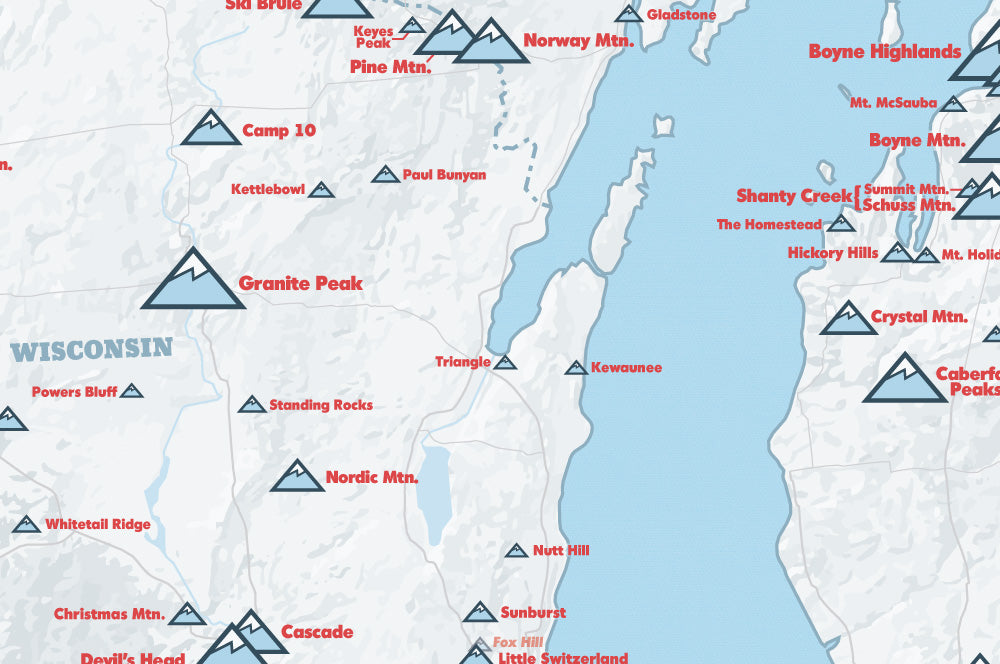 Upper Midwest Ski Areas Resorts Map Poster - white & light blue