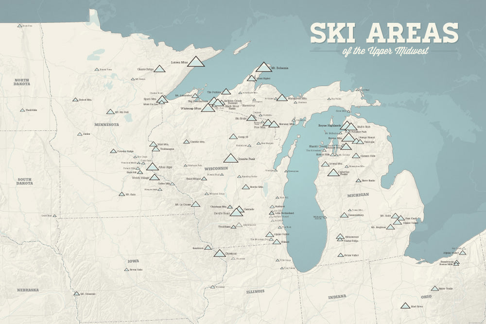 Upper Midwest Ski Areas Resorts Map Poster - beige & opal blue