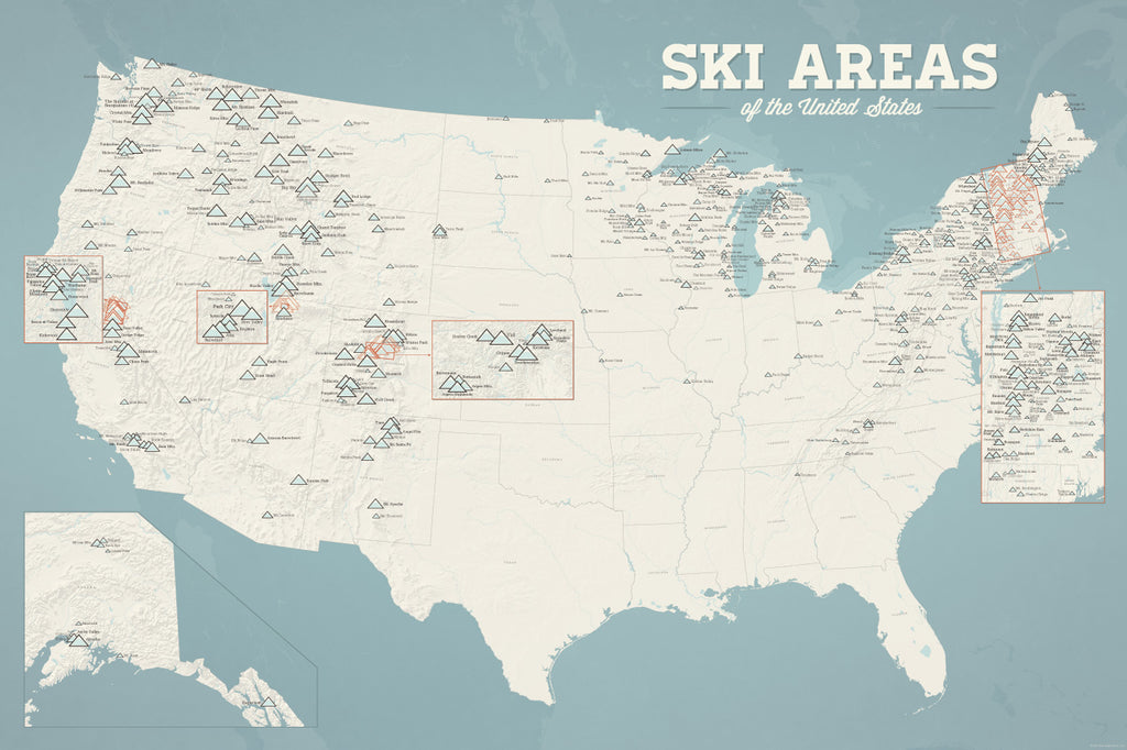 USA Ski Areas Resorts Map Poster - beige & opal blue