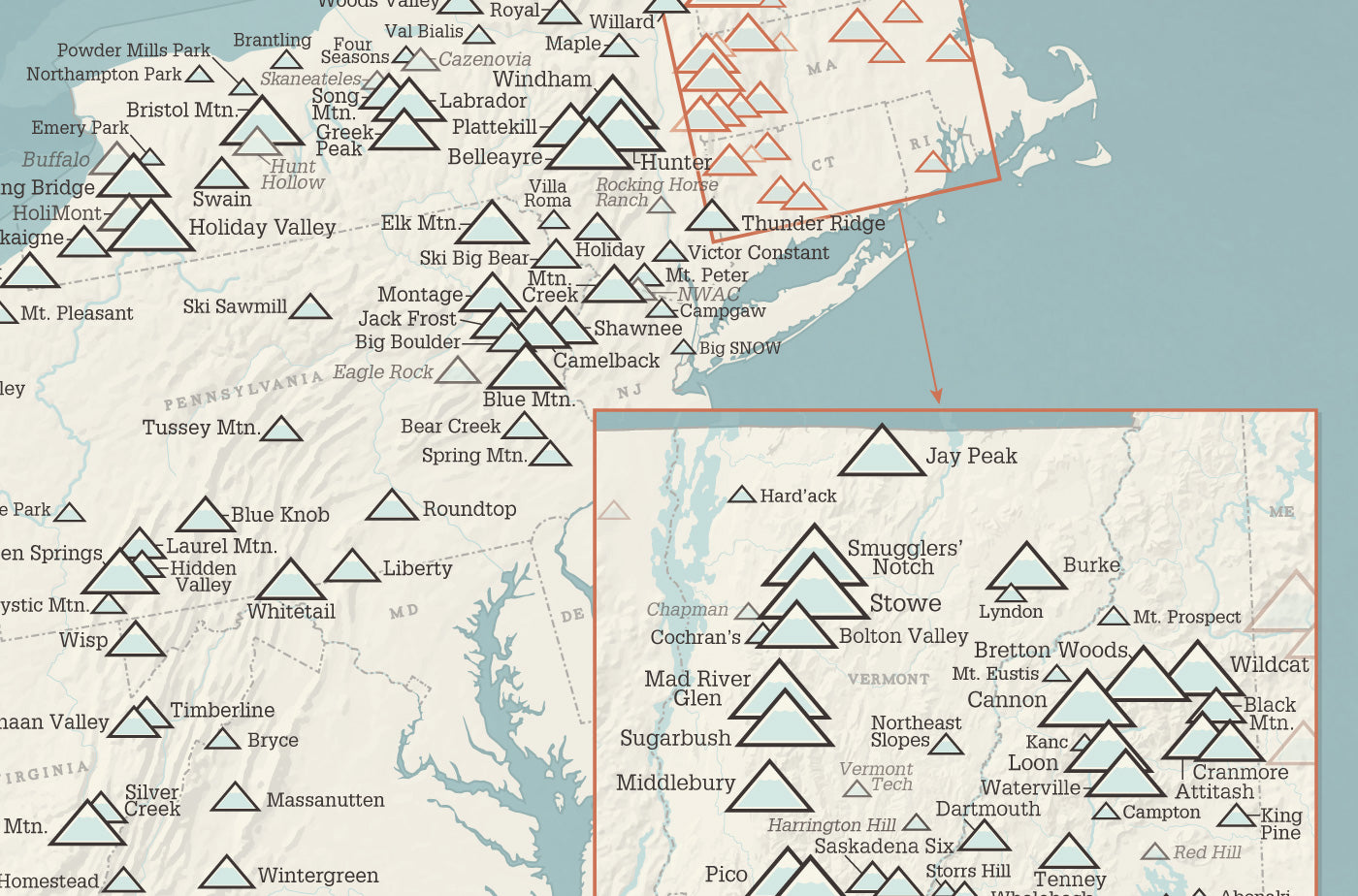 USA Ski Areas Resorts Map Poster - beige & opal blue