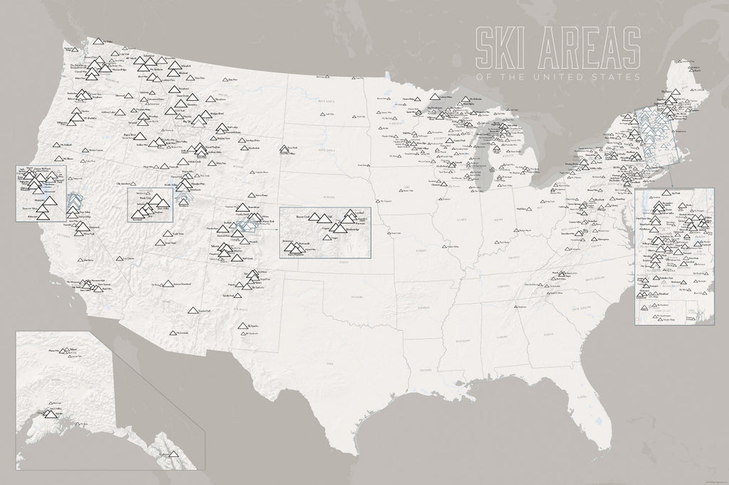 USA Ski Areas Resorts Map Poster - white & gray