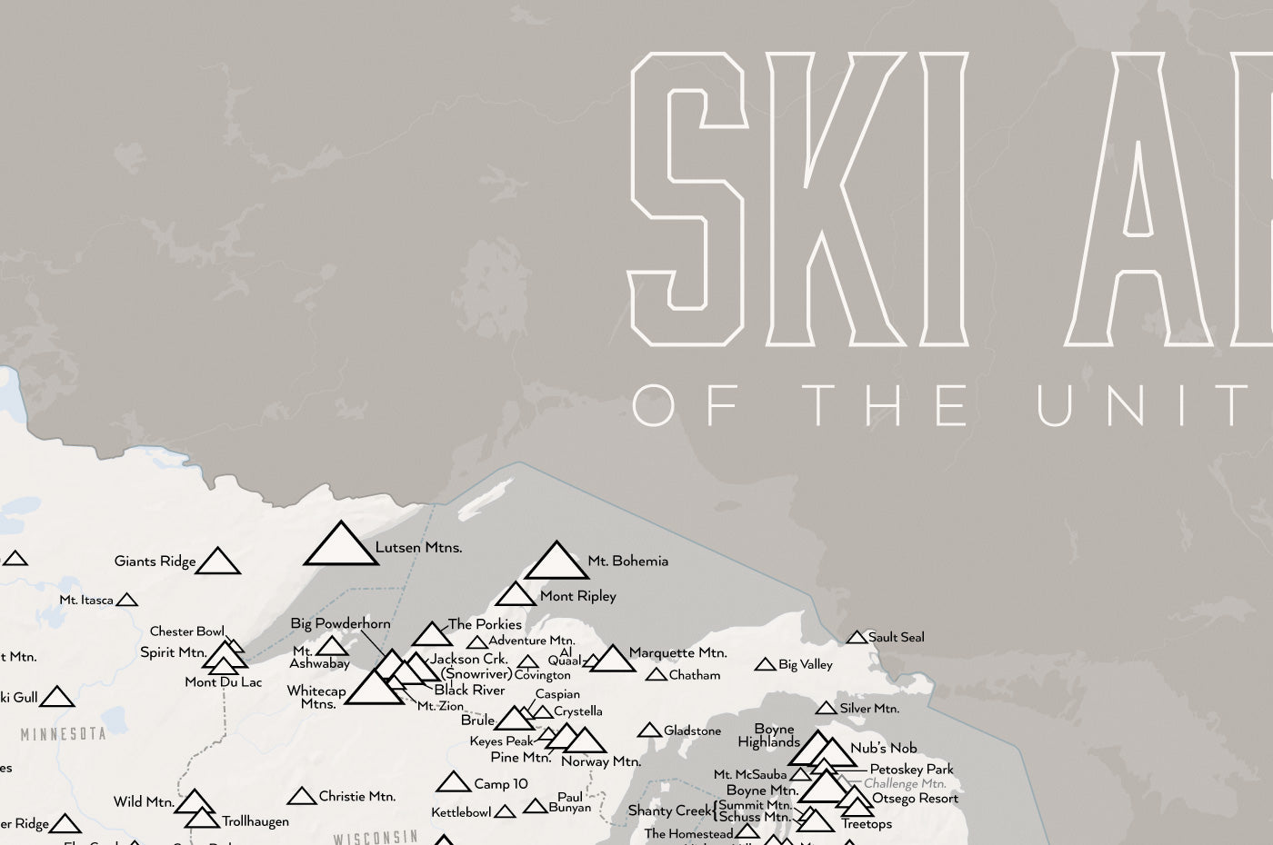 USA Ski Areas Resorts Map Poster - white & gray