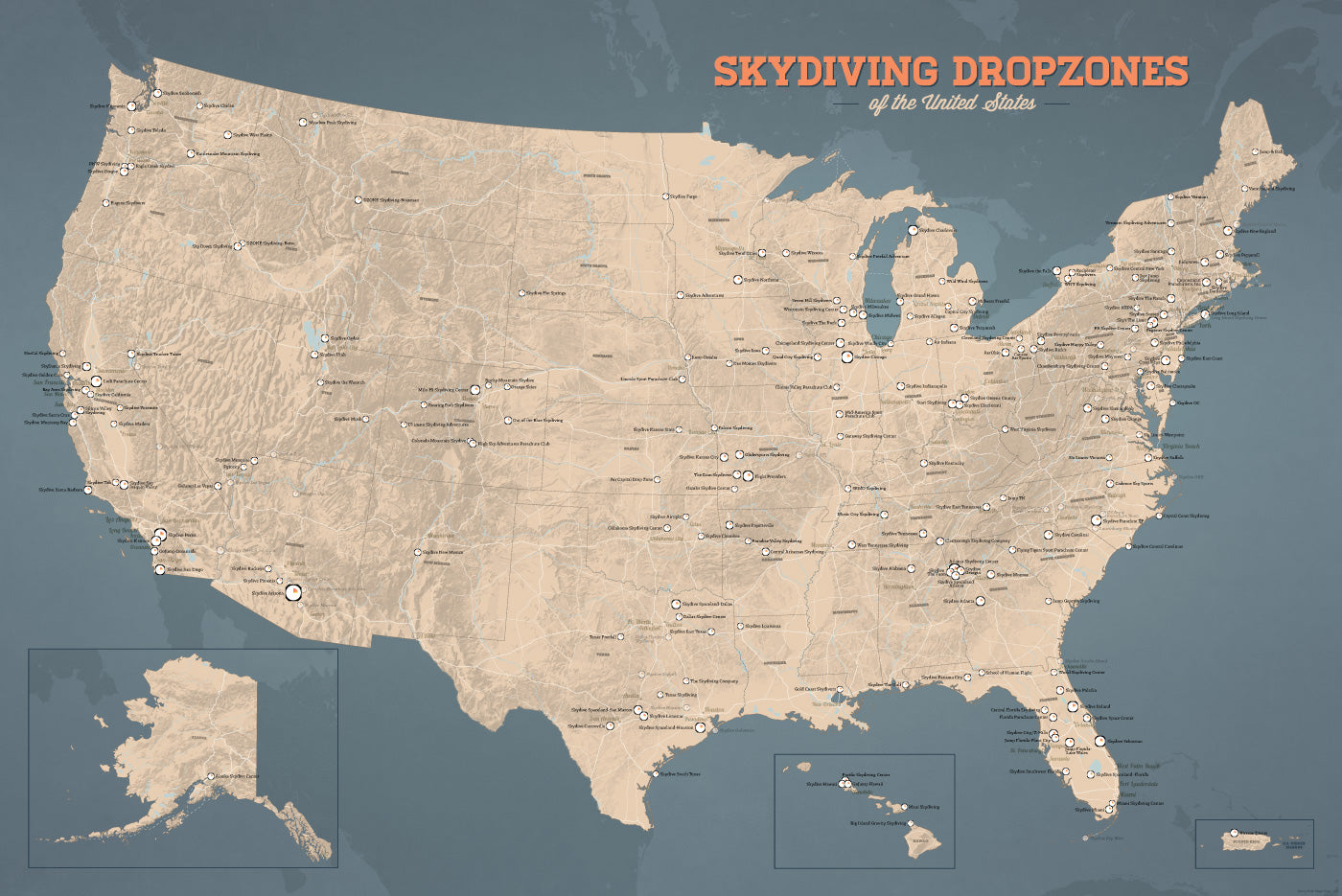 USA Skydiving Dropzones Map Poster - tan & slate blue