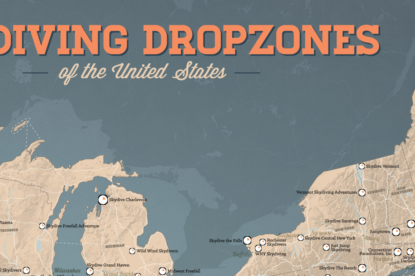 USA Skydiving Dropzones Map Poster - tan & slate blue