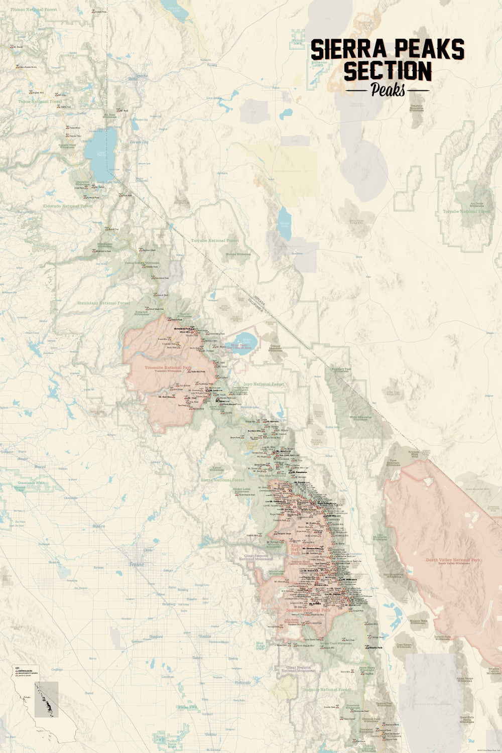 Sierra Peaks Section Climbers' Checklist Map 24x36 Poster