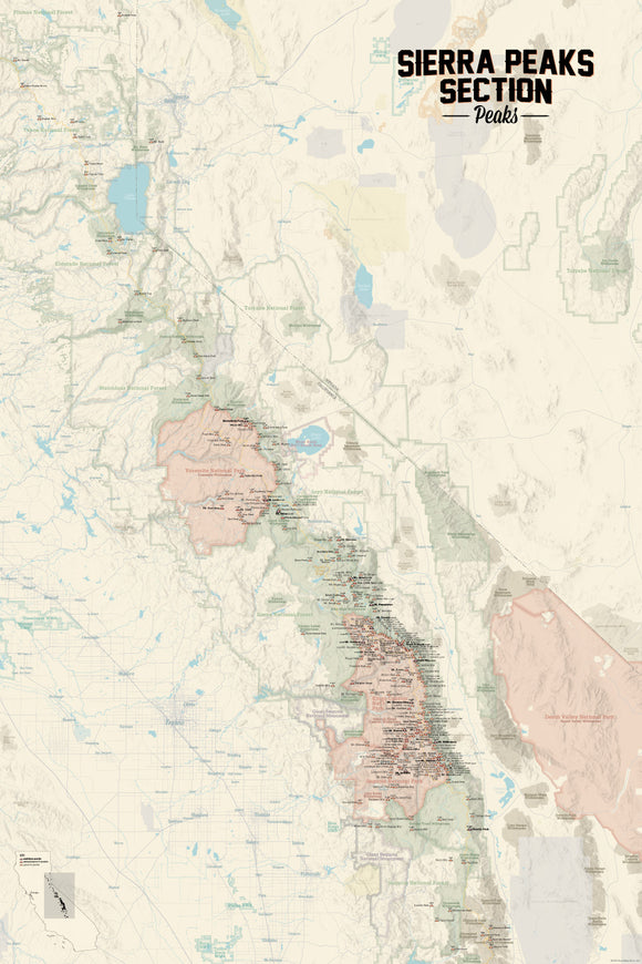 Sierra Peaks Section Climbers' Checklist Map 24x36 Poster
