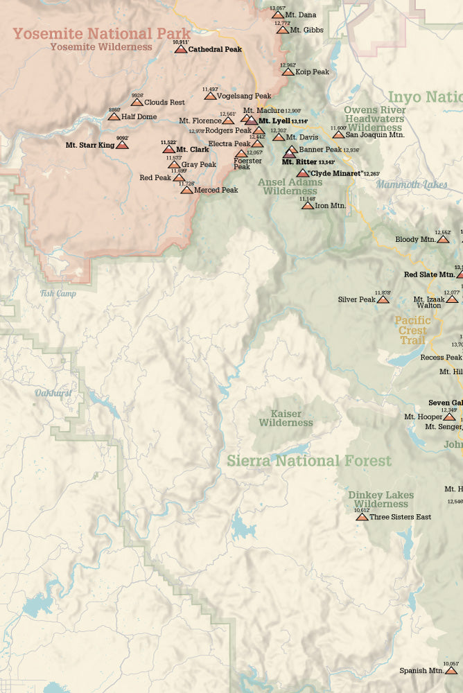 Sierra Peaks Section Climbers' Checklist Map 24x36 Poster