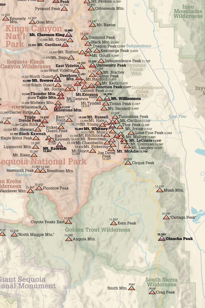 Sierra Peaks Section Climbers' Checklist Map 24x36 Poster
