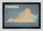 Framed map of Virginia on a gray background - 2" brushed black frame shown