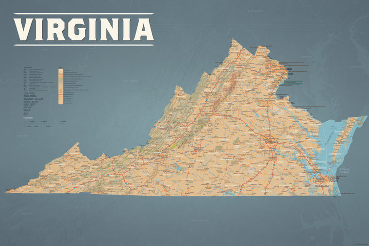 Virginia State Wall Map 24x36 Poster - tan & slate blue