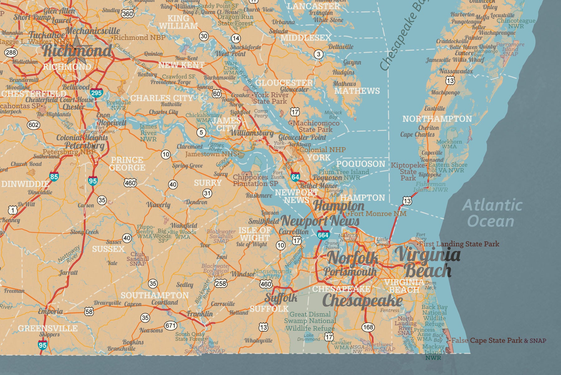 Virginia State Wall Map 24x36 Poster - tan & slate blue