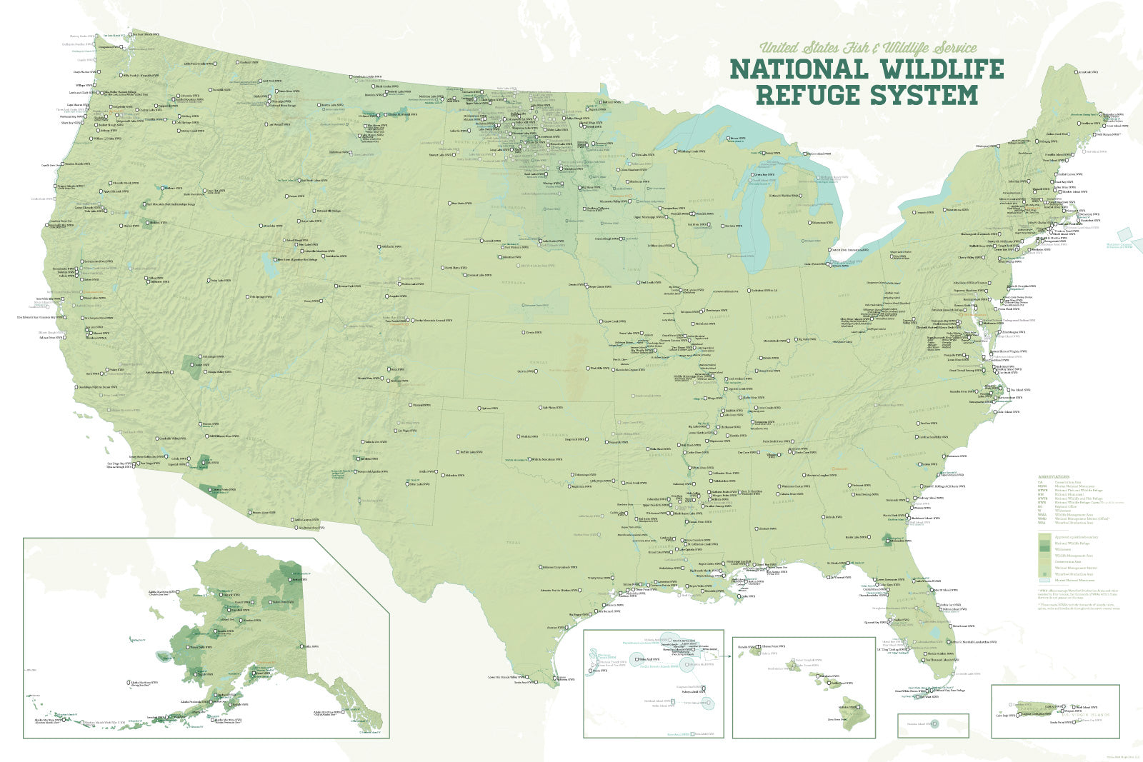 US National Wildlife Refuge System map poster - sage & white